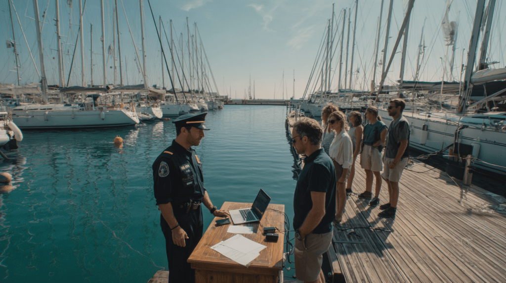 une file de skippers valident leurs papiers avant de démarrer leur croisière en voilier